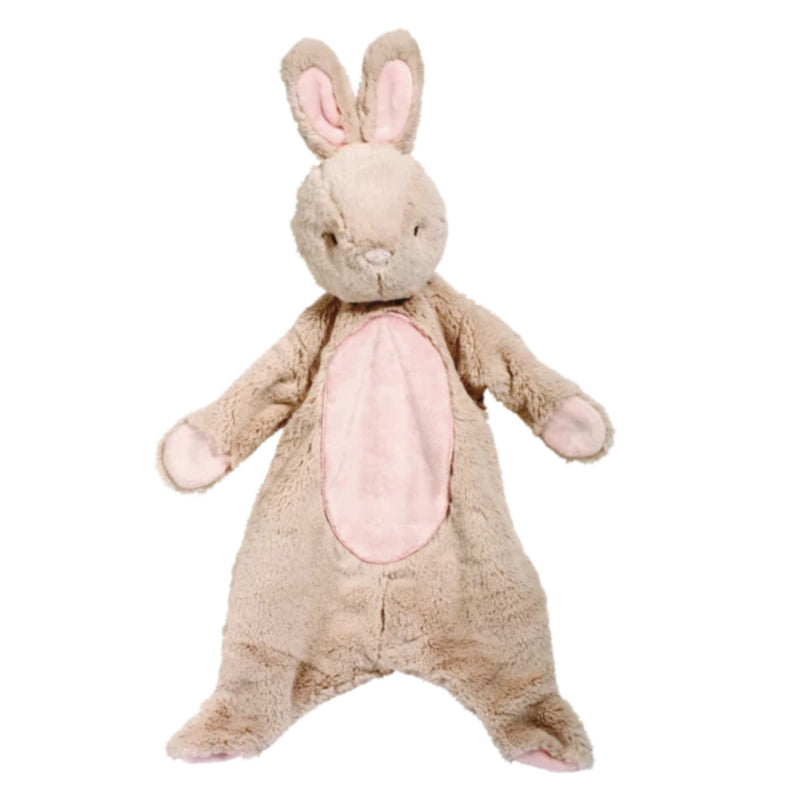 A plush bunny comforter toy in light beige with a soft pink belly and inner ears, photographed against a plain white background.