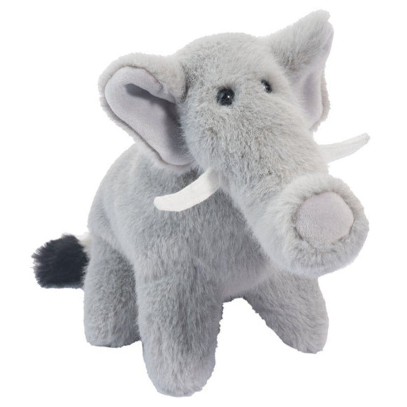 A plush toy elephant in light gray faux fur, featuring white tusks, small black eyes, and a small black tail, photographed on a solid white background.