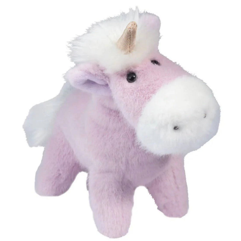 A plush unicorn toy in light pink with a fluffy white mane, white muzzle, and a small gold horn, shown on a plain white background.