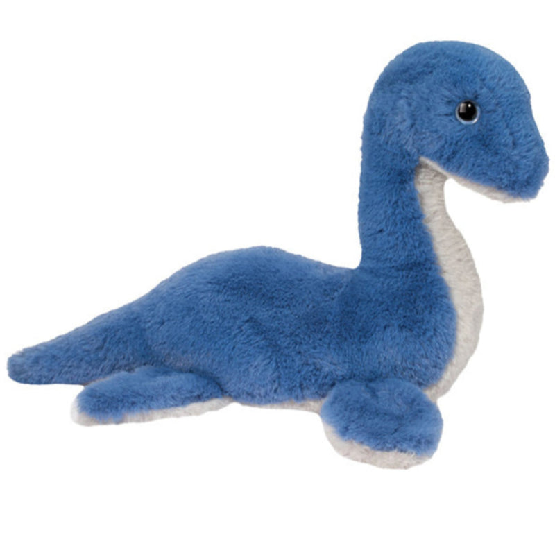 A blue plush sea monster toy with a long neck, small black eyes, and a white underside, photographed on a plain white background.
