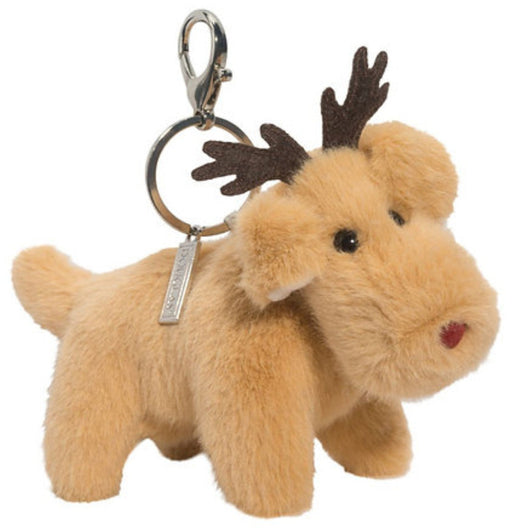 A plush reindeer keychain in light tan faux fur with dark brown antlers, attached to a silver metal key ring and clasp, shown on a plain white background.