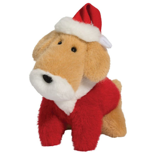 A plush dog toy wearing a red Santa hat with white trim and a red sweater with white trim, shown on a plain white background.