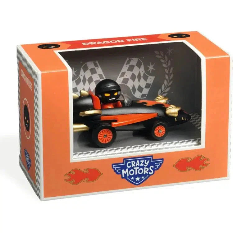 DJECO Crazy Motors Dragon Fire race car toy in black and orange packaging