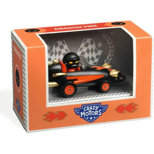 DJECO Crazy Motors Dragon Fire race car toy in black and orange packaging