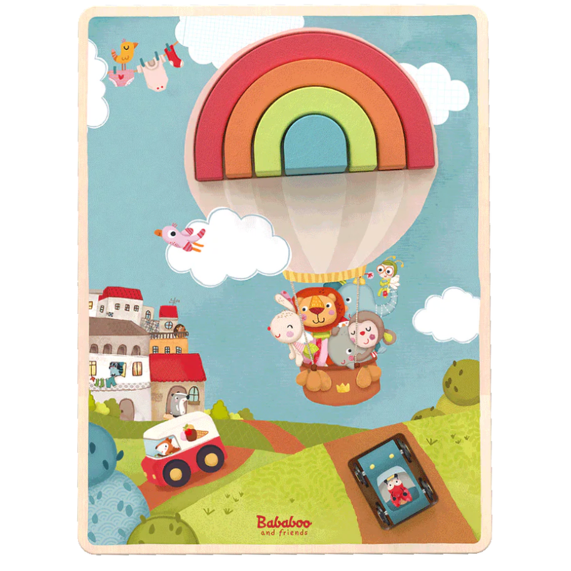 Children's puzzle with a colorful rainbow hot air balloon and animals against a blue sky.