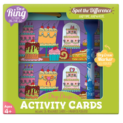 On a Ring dry erase activity cards with marker and eraser, featuring colorful cakes on a green background.