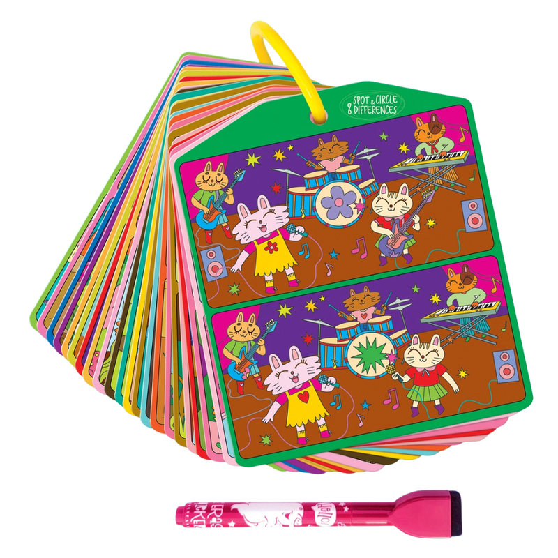 Colorful children's cards with animal characters and a dry erase marker on a white background