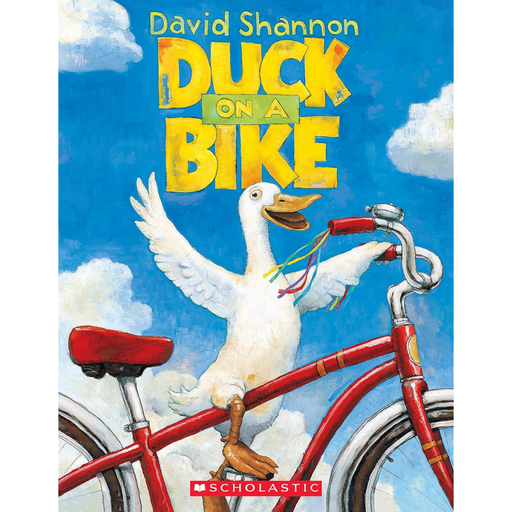 Book cover of 'Duck on a Bike' with a duck on a red bike against a blue sky. Author is David Shannon.
