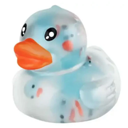 From Orb Toys, a squishy, stretchy duck that comes in 4 colors, blue, green, purple & orange on a white background. This one is blue.