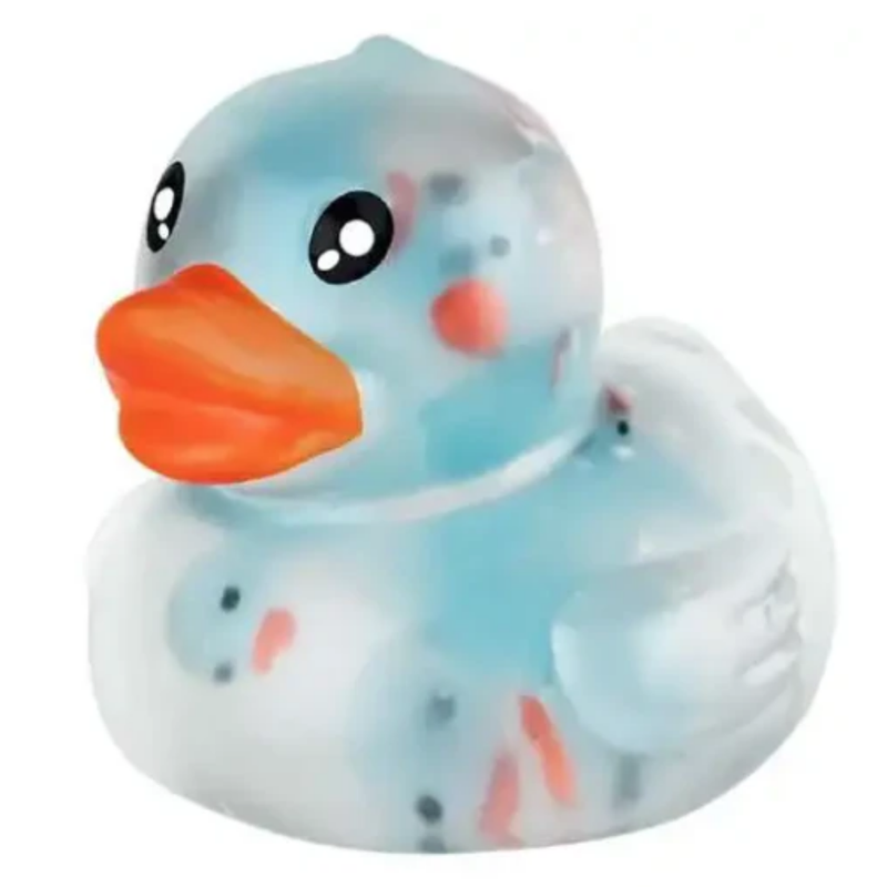 From Orb Toys, a squishy, stretchy duck that comes in 4 colors, blue, green, purple & orange on a white background. This one is blue.