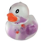 From Orb Toys, a squishy, stretchy duck that comes in 4 colors, blue, green, purple & orange on a white background. This one is purple.
