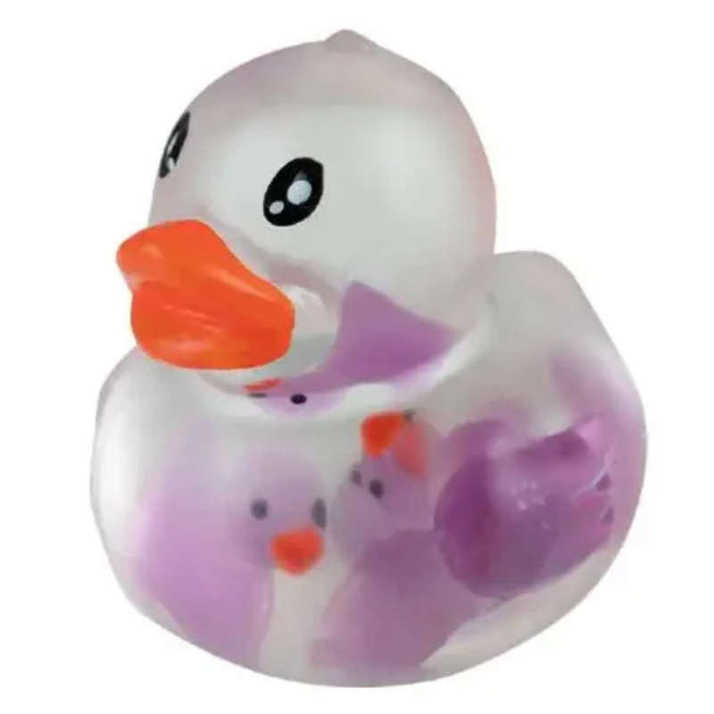 From Orb Toys, a squishy, stretchy duck that comes in 4 colors, blue, green, purple & orange on a white background. This one is purple.