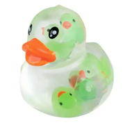 From Orb Toys, a squishy, stretchy duck that comes in 4 colors, blue, green, purple & orange on a white background. This one is green.