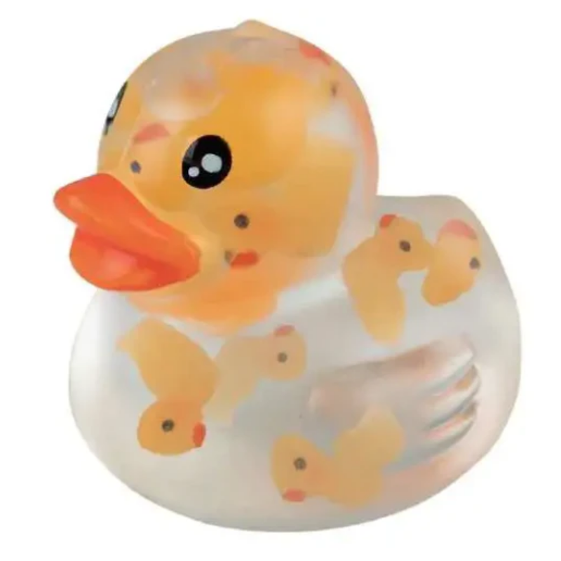 From Orb Toys, a squishy, stretchy duck that comes in 4 colors, blue, green, purple & yellow on a white background.  This one is yellow.
