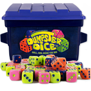 Colorful dice game with a blue storage bin labeled 'Dumpster Dice' on a white background.