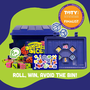 Dice game set with colorful dice and packaging on a green and blue background, featuring the Toy of the Year Award logo.