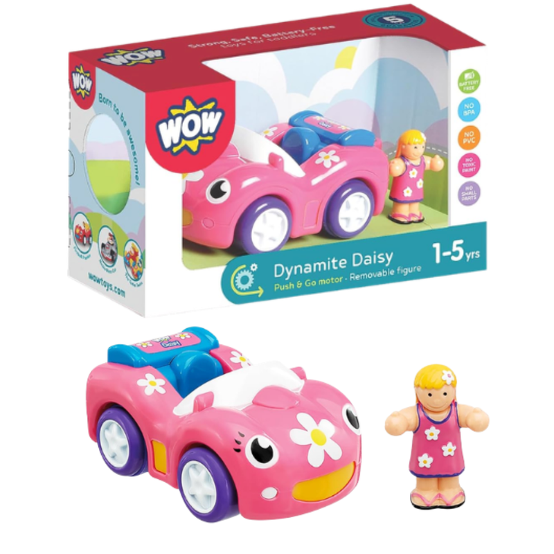 Pink toy car with a figurine and Wow packaging on a white background.