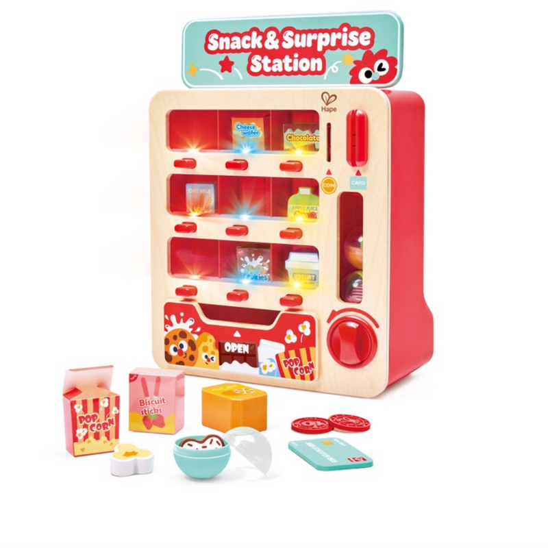 Hape Snack and Surprise Station toy vending machine with wooden accessories on white background