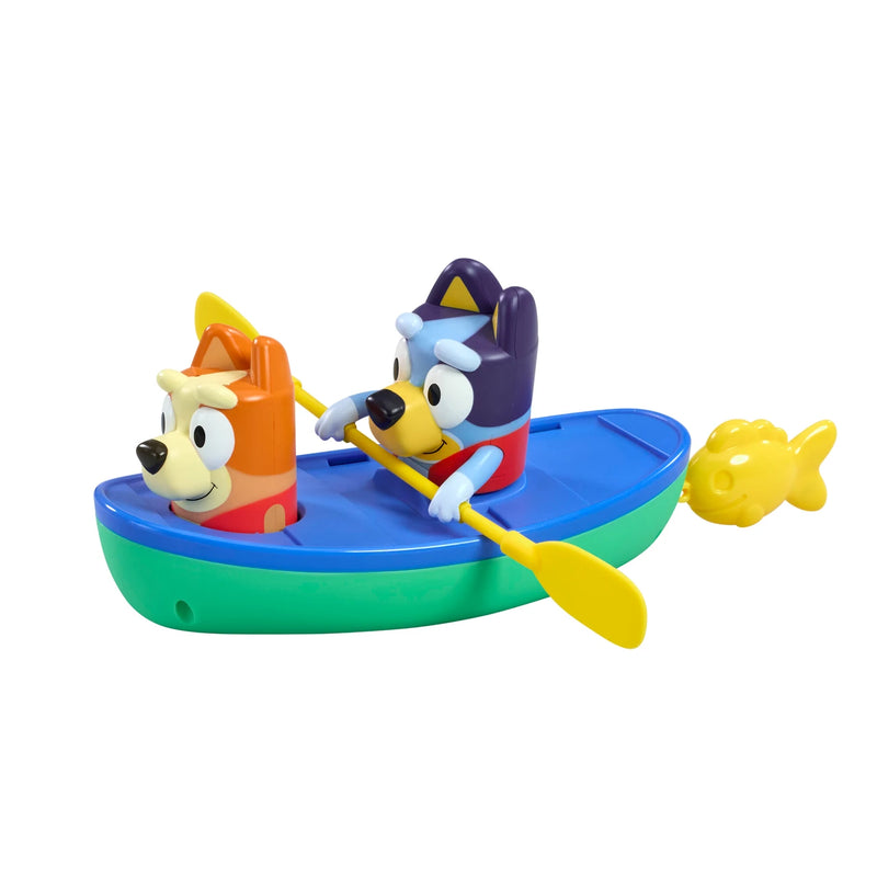 Bluey paddling canoe toy with Bluey and Bingo characters in colorful boat