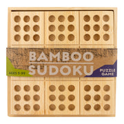 Bamboo Sudoku puzzle game with wooden grid and circular holes on white background