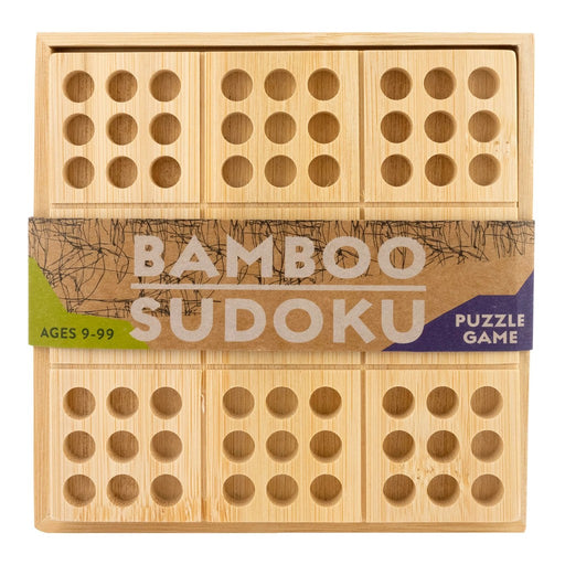Bamboo Sudoku puzzle game with wooden grid and circular holes on white background