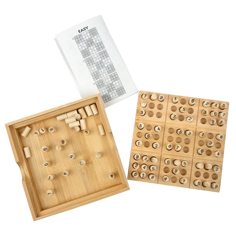 Bamboo Sudoku puzzle set with wooden board, numbered pieces, and instruction booklet