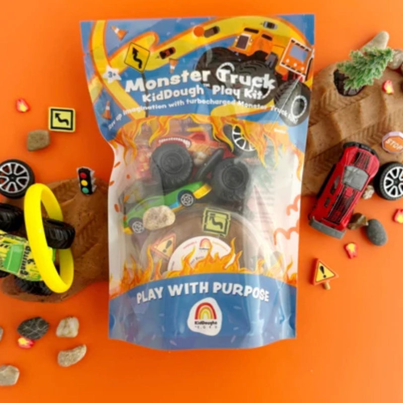 EGKD's Play Dough Kit featuring Monster Trucks.  Shows cars, truck, wheels & kiddough on orange background.