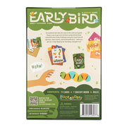Early Bird card game box back showing game contents and rules description
