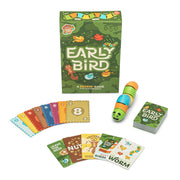 Early Bird board game box with cards, worm token, and game components displayed