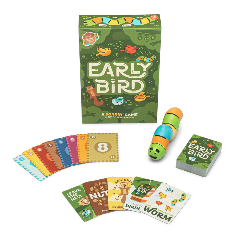 Early Bird board game box with cards, worm token, and game components displayed