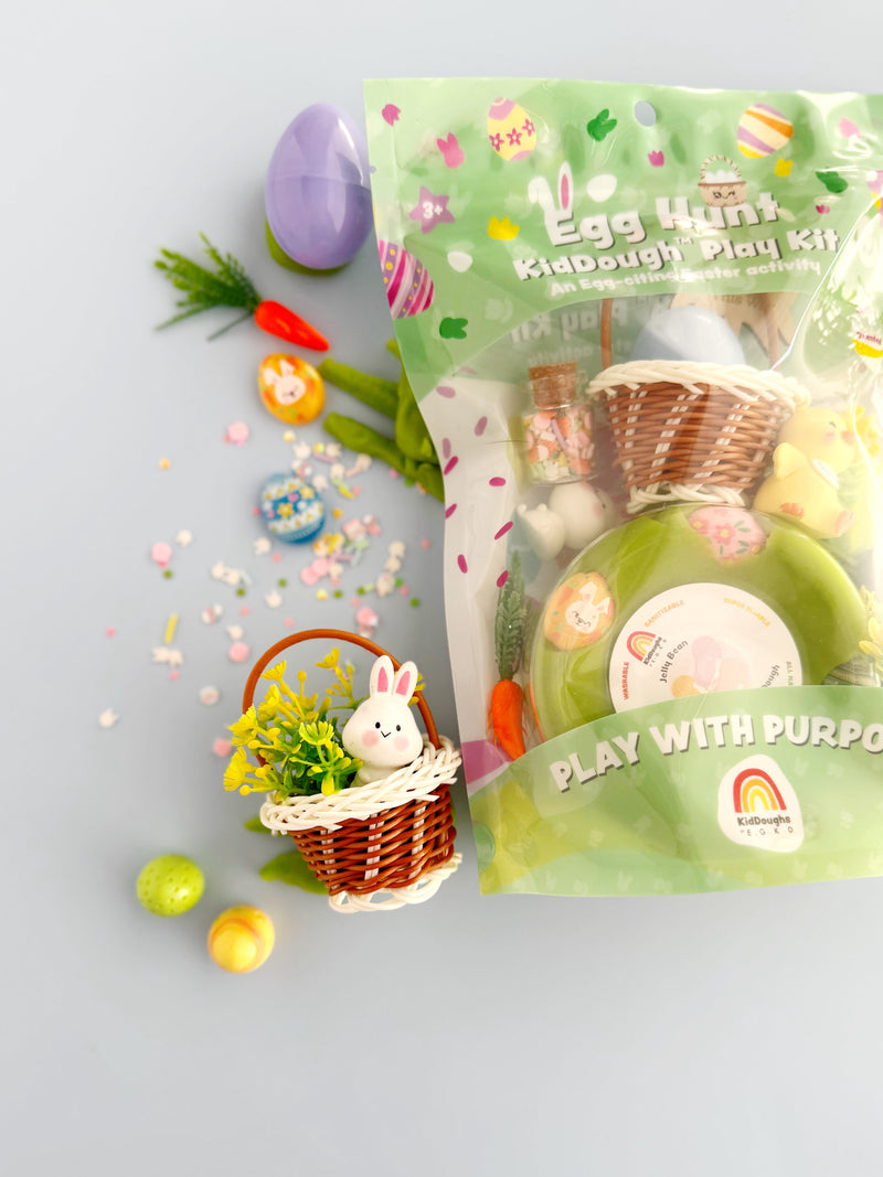 EarthGrown KidDoughs Egg Hunt play kit with Easter basket, eggs, and playdough accessories