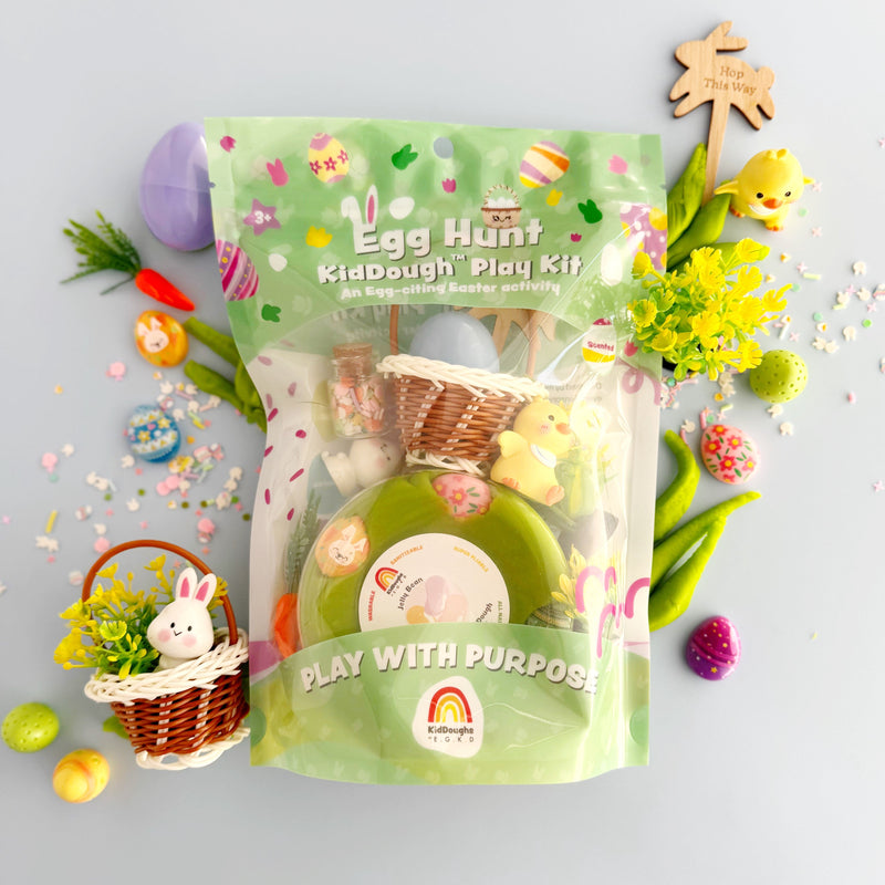 Egg Hunt KidDough Play Kit with Easter decorations and accessories on white background