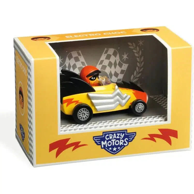 DJECO Crazy Motors Electro Choc toy car in yellow packaging box