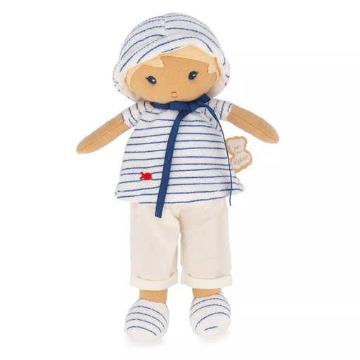 Eli Tendresse doll wearing a striped outfit with a white background