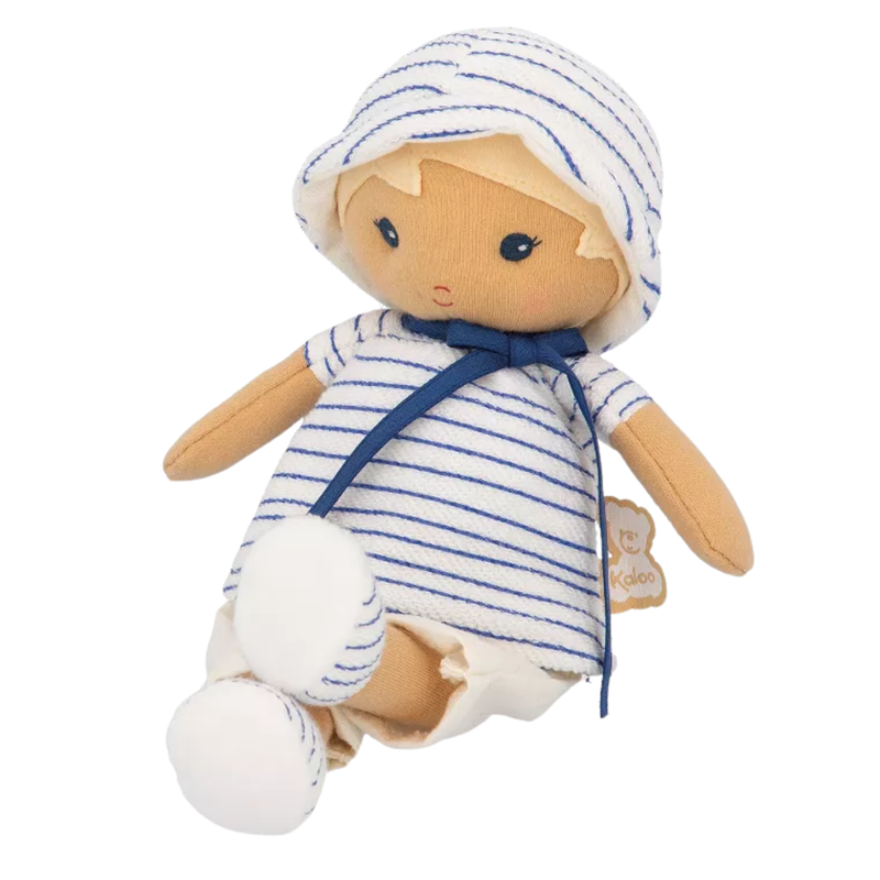 Toy doll with blue and white striped outfit on a white background