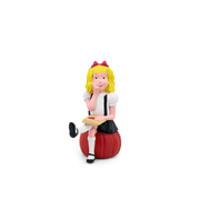 Tonie Eloise figurine with blonde hair, red bow, white dress, sitting on red apple with book