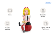 Tonie Eloise figurine on white background with feature icons showing story, celebrity narrator, favorite classics, works w...