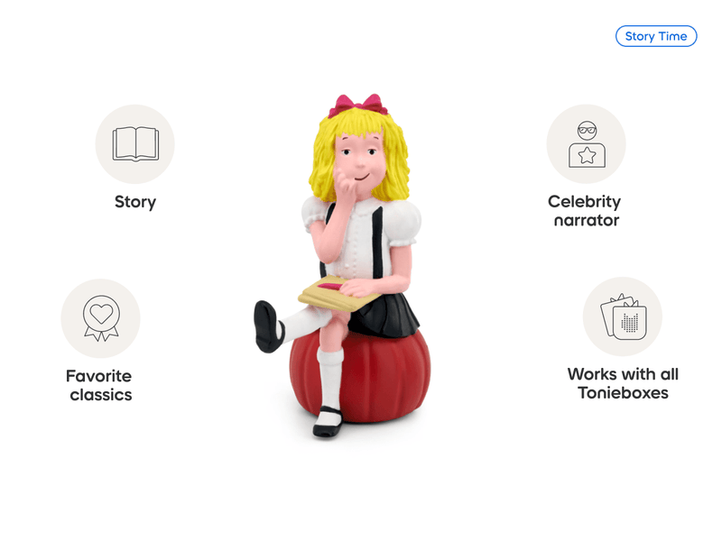 Tonie Eloise figurine on white background with feature icons showing story, celebrity narrator, favorite classics, works w...