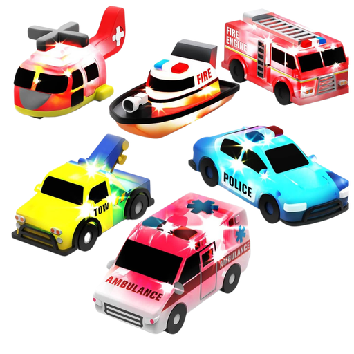 Set of six colorful emergency vehicle lighted, bath toy cars including fire truck, police car, ambulance, and helicopter on a white background.