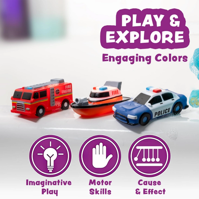 Three toy vehicles (fire truck, boat, police car) with educational icons (imaginative play, motor skills, cause & effect) text on a light background.