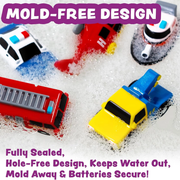 Colorful lighted bath toy cars on a soapy surface with text about their mold-free design.