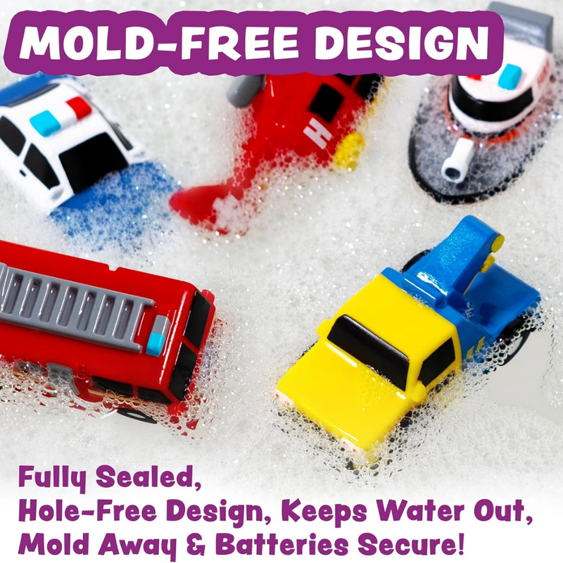 Colorful lighted bath toy cars on a soapy surface with text about their mold-free design.