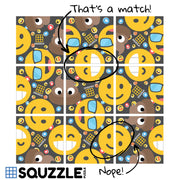 Squzzle emoji-themed puzzle game showing 9-panel grid with yellow emoji faces and matching mechanic demonstration