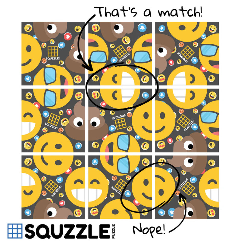 Squzzle emoji-themed puzzle game showing 9-panel grid with yellow emoji faces and matching mechanic demonstration