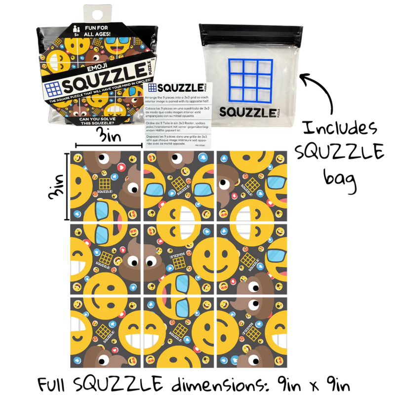 Squzzle Emoji puzzle game showing packaging and colorful emoji-themed puzzle pieces