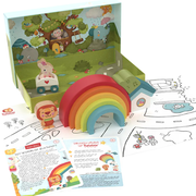 Children's toy set from Bababoo with rainbow building blocks and animal-themed packaging on a white background.