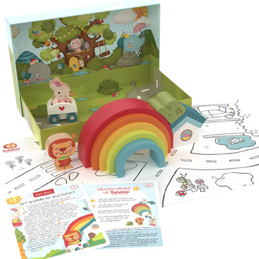 Children's toy set from Bababoo with rainbow building blocks and animal-themed packaging on a white background.