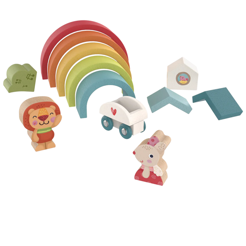 Set of colorful wooden toys from Bababoo including a rainbow, car, and animal figures on a white background.