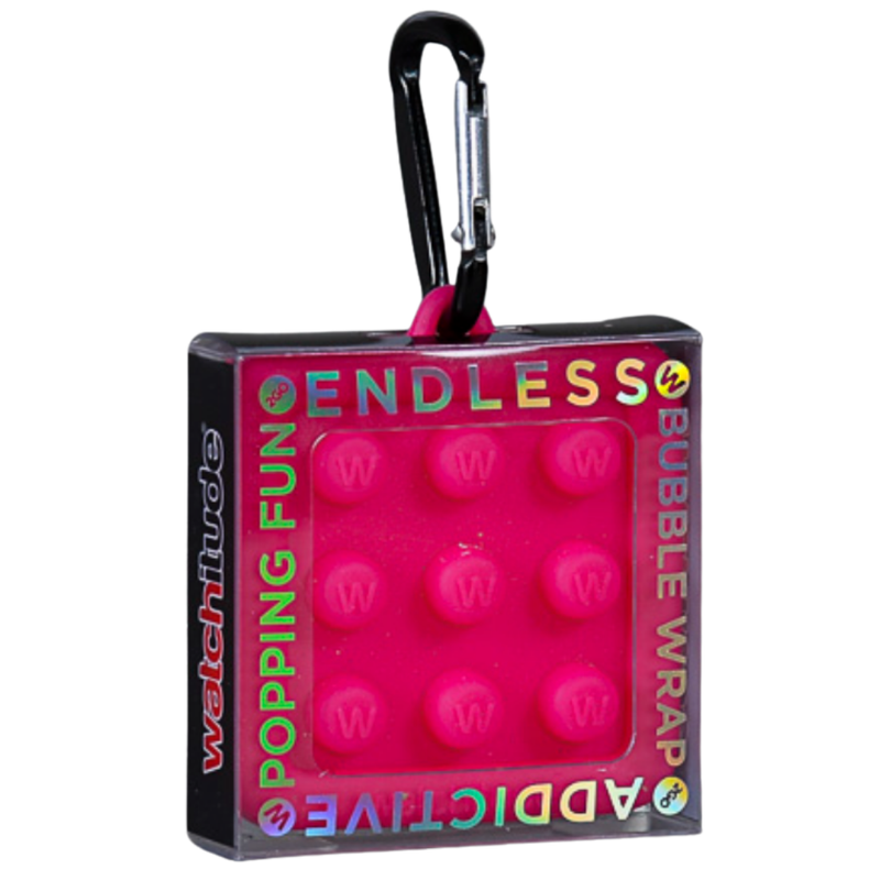 Pink bubble wrap fidget by Watchitude with a carabiner on a white background.