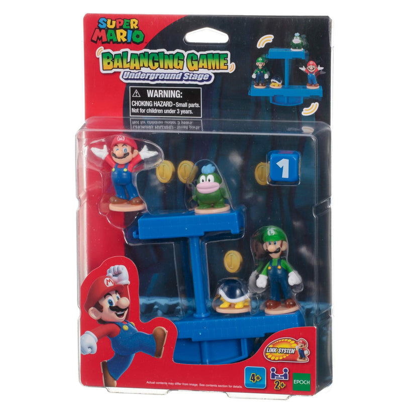 Super Mario Balancing Game Underground Stage toy set in its original blister packaging, featuring Mario, Luigi, and Bowser figurines with a blue balancing platform and gold coins.